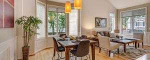 Dining table in dining room with window